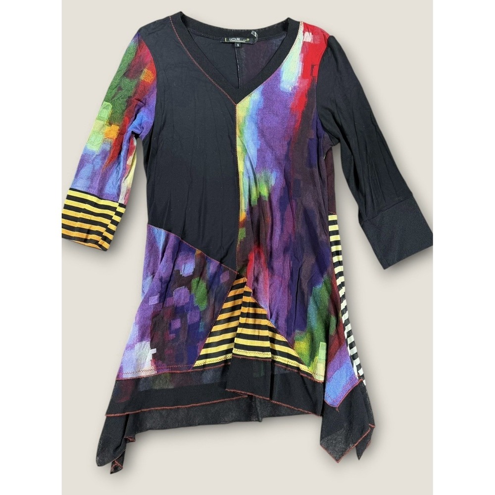 LIOR Paris Womens S Abstract Print Tunic Top Mesh Patchwork Asymmetric Hem EUC